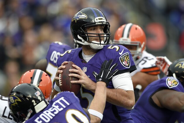 Baltimore Ravens quarterback Joe Flacco (5) looks for a receiver in the first half of an NFL football game against the Cleveland Browns, Sunday, Dec. 28, 2014, in Baltimore. (AP Photo/Nick Wass)