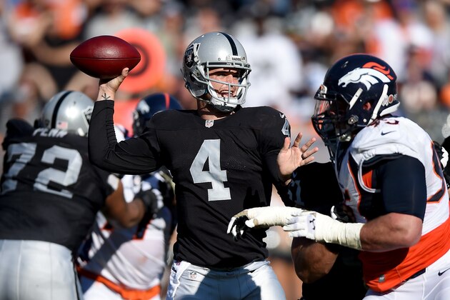 OAKLAND, CA - NOVEMBER 09:  Derek Carr #4 of the Oakland Raiders drops back to pass against the Denver Broncos during the second quarter at O.co Coliseum on November 9, 2014 in Oakland, California.  (Photo by Thearon W. Henderson/Getty Images)