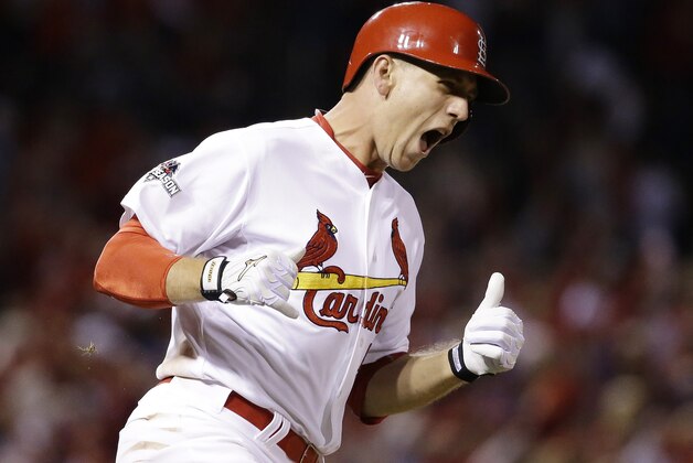 St. Louis Cardinals' Stephen Piscotty reacts after hitting a two-run home run during the eighth inning of Game 1 in baseball's National League Division Series against the Chicago Cubs, Friday, Oct. 9, 2015, in St. Louis. (AP Photo/Jeff Roberson)