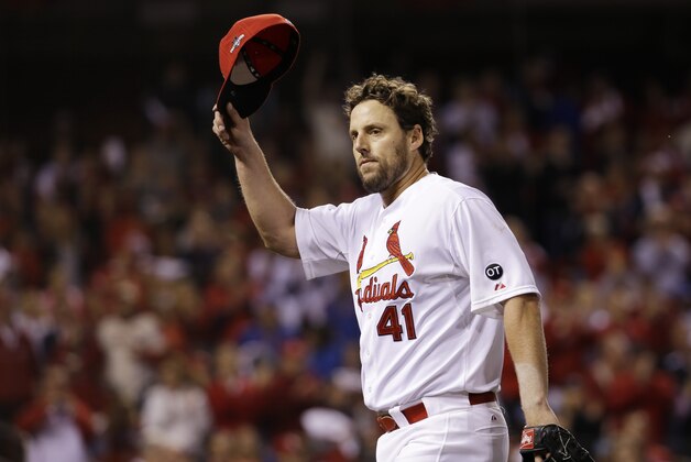 St. Louis Cardinals starting pitcher John Lackey (41) acknowledges the crowd after being taken out during the eighth inning of Game 1 in baseball's National League Division Series against the Chicago Cubs, Friday, Oct. 9, 2015, in St. Louis. (AP Photo/Jeff Roberson)