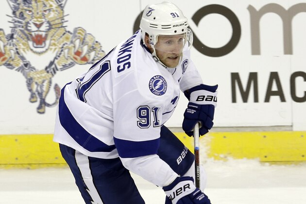 Tampa Bay Lightning center Steven Stamkos (91) skates against the Florida Panthers in the third period during an NHL preseason hockey game, Saturday, Oct. 3, 2015, in Sunrise, Fla. (AP Photo/Alan Diaz)
