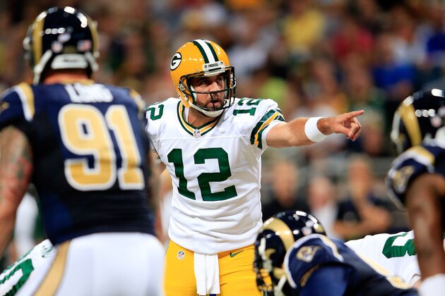 ST LOUIS, MO - AUGUST 16:  Aaron Rodgers #12 of the Green Bay Packers in action during the preseason game against the St. Louis Rams at Edward Jones Dome on August 16, 2014 in St Louis, Missouri.  (Photo by Jamie Squire/Getty Images)