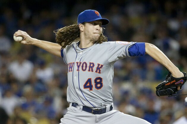 New York Mets starting pitcher Jacob deGrom throws against the Los Angeles Dodgers during the first inning in Game 1 of baseball's National League Division Series, Friday, Oct. 9, 2015 in Los Angeles. (AP Photo/Lenny Ignelzi)