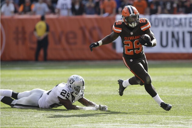 Cleveland Browns Duke Johnson Jr. during an NFL football game against the Oakland Raiders Sunday, Sept. 27, 2015, in Cleveland. Oakland won 27-20.(AP Photo/Aaron Josefczyk) Cleveland Browns Duke Johnson Jr. during an NFL football game against the Oakland Raiders Sunday, Sept. 27, 2015, in Cleveland. Oakland won 27-20.(AP Photo/Aaron Josefczyk)