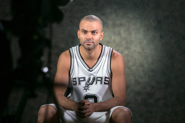 Sep 28, 2015; San Antonio, TX, USA; San Antonio Spurs guard Tony Parker (9) is interviewed during Media Day at the training facility.  Mandatory Credit: Soobum Im-USA TODAY Sports
