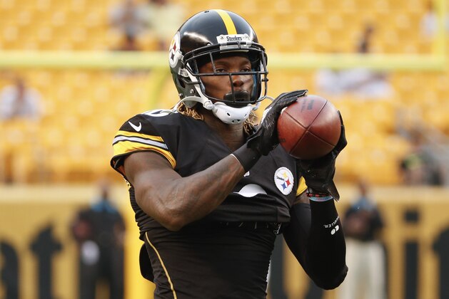 FILE - In this Sept. 3, 2015, file photo, Pittsburgh Steelers wide receiver Martavis Bryant (10) holds the ball before an NFL football preseason game between the Pittsburgh Steelers and the Carolina Panthers in Pittsburgh. Bryant is back at practice after his four-game suspension for violating the NFL's substance abuse policy. (AP Photo/Gene J. Puskar/File)