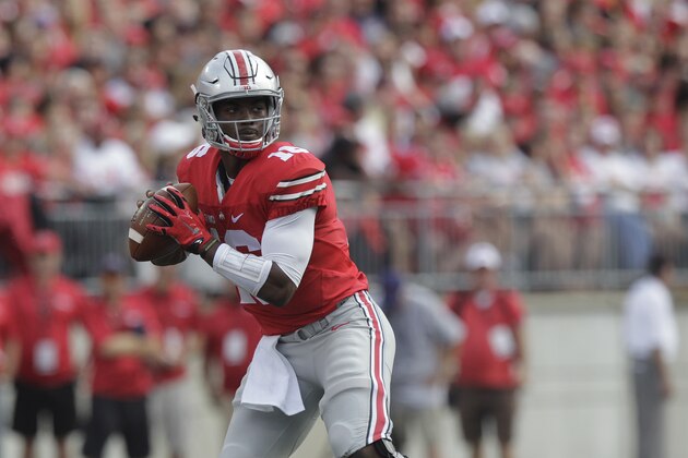 Ohio State quarterback J.T. Barrett plays against Northern Illinois during an NCAA college football game Saturday, Sept. 19, 2015, in Columbus, Ohio. (AP Photo/Jay LaPrete)