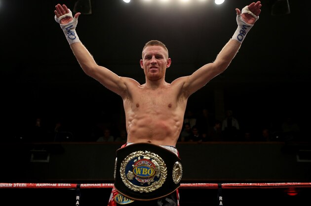 WOLVERHAMPTON, ENGLAND - FEBRUARY 14:  Terry Flanagan poses with the European Lightweight Championship title belt after defeating  Stephen Ormond  during their WBO European Lightweight Championship bout at Wolverhampton Civic Hall on February 14, 2015 in Wolverhampton, England.  (Photo by Ben Hoskins/Getty Images)