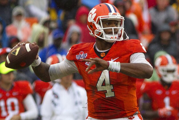 Oct 10, 2015; Clemson, SC, USA; Clemson Tigers quarterback Deshaun Watson (4) looks to pass the ball during the first half against the Georgia Tech Yellow Jackets at Clemson Memorial Stadium. Mandatory Credit: Joshua S. Kelly-USA TODAY Sports