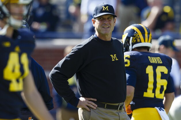 Oct 10, 2015; Ann Arbor, MI, USA; Michigan Wolverines head coach Jim Harbaugh prior to the game against the Northwestern Wildcats at Michigan Stadium. Mandatory Credit: Rick Osentoski-USA TODAY Sports