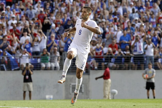 United States' Clint Dempsey celebrates after scoring a goal on a penalty kick during the second half of a CONCACAF Gold Cup soccer quarterfinal against Cuba, Saturday, July 18, 2015, in Baltimore. The United States won 6-0. (AP Photo/Patrick Semansky)