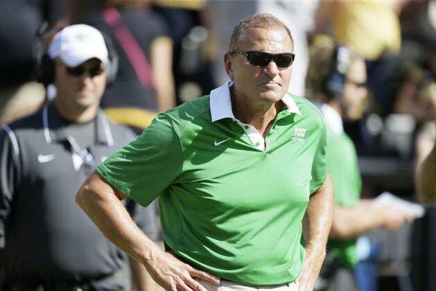North Texas head coach Dan McCarney looks on during the first half of an NCAA college football game against Iowa, Saturday, Sept. 26, 2015, in Iowa City, Iowa. (AP Photo/Charlie Neibergall)