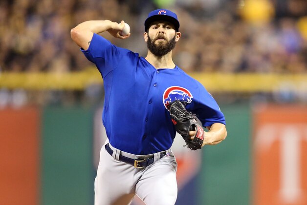 Oct 7, 2015; Pittsburgh, PA, USA; Chicago Cubs starting pitcher Jake Arrieta (49) throws against the Pittsburgh Pirates during the first inning in the National League Wild Card playoff baseball game at PNC Park. Mandatory Credit: Charles LeClaire-USA TODAY Sports
