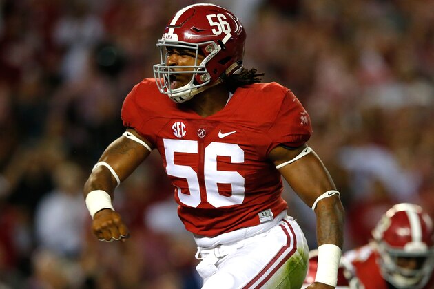 TUSCALOOSA, AL - OCTOBER 10:  Tim Williams #56 of the Alabama Crimson Tide reacts after sacking Brandon Allen #10 of the Arkansas Razorbacks at Bryant-Denny Stadium on October 10, 2015 in Tuscaloosa, Alabama.  (Photo by Kevin C. Cox/Getty Images)