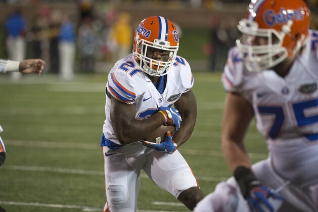 Florida running back Kelvin Taylor scores a touchdown during the first half of an NCAA college football game against Missouri, Saturday, Oct. 10 2015, in Columbia, Mo. (AP Photo/L.G. Patterson)