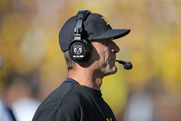 ANN ARBOR MI - OCTOBER 10: Michigan Wolverines head football coach Jim Harbaugh watches the action during the third quarter of the game against the Northwestern Wildcats on October 10, 2015 at Michigan Stadium in Ann Arbor, Michigan. The Wolverines defeated the Wildcats 38-0. (Photo by Leon Halip/Getty Images)
