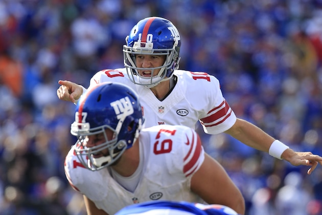 New York Giants quarterback Eli Manning signals plays against the Buffalo Bills during the second half of an NFL football game, Sunday, Oct. 4, 2015, in Orchard Park, N.Y. (AP Photo/Bill Wippert)