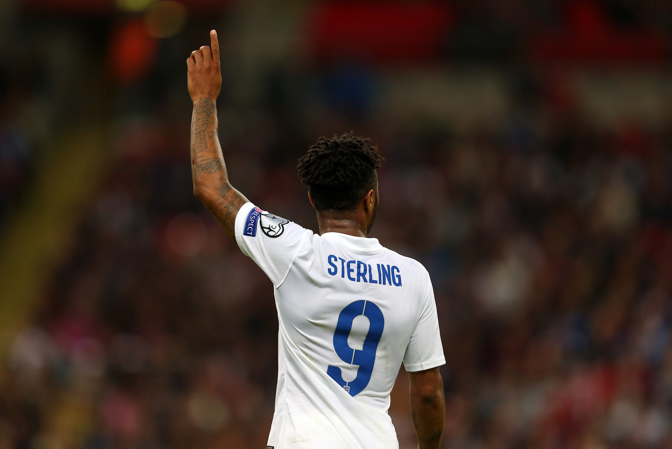 LONDON, ENGLAND - OCTOBER 09 : Raheem Sterling of England puts his hand up during the UEFA EURO 2016 Qualifier match between England and Estonia at Wembley Stadium on October 9, 2015 in London, United Kingdom. (Photo by Catherine Ivill - AMA/Getty Images)