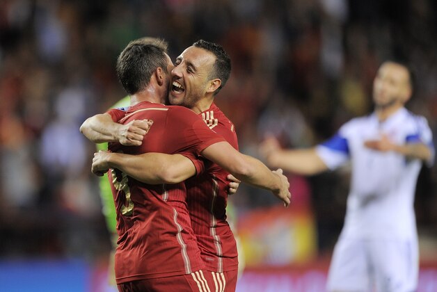 LOGRONO, SPAIN - OCTOBER 09:  Santi Cazorla of Spain celebrates with Paco Alcacer after Alcacer scored his team's 2nd goal during the UEFA EURO 2016 Qualifier group C match between Spain and Luxembourg at Estadio Municipal Las Gaunas on October 9, 2015 in Logrono, Spain.  (Photo by Denis Doyle/Getty Images)
