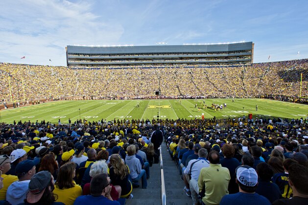 Michigan Stadium, seen during the first quarter of an NCAA college football game against Northwestern in Ann Arbor, Mich., Saturday, Oct. 10, 2015. (AP Photo/Tony Ding)