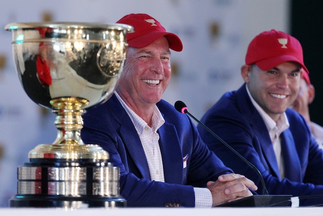 US team captain Jay Haas, left and his son Bill address a press conference after they defeated the International team 15 1/2 to 14 1/2 to retain the Presidents Cup at the Jack Nicklaus Golf Club Korea, in Incheon, South Korea, Sunday, Oct. 11, 2015.(AP Photo/Ahn Young-joon) US team captain Jay Haas, left and his son Bill address a press conference after they defeated the International team 15 1/2 to 14 1/2 to retain the Presidents Cup at the Jack Nicklaus Golf Club Korea, in Incheon, South Korea, Sunday, Oct. 11, 2015.(AP Photo/Ahn Young-joon)