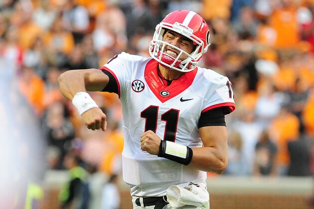 KNOXVILLE, TN - OCTOBER 10: Greyson Lambert #11 of the Georgia Bulldogs celebrates after a fourth quarter touchdown pass to Reggie Davis (not pictured) against the Tennessee Volunteers on October 10, 2015 at Neyland Stadium in Knoxville, Tennessee. Photo by Scott Cunningham/Getty Images)