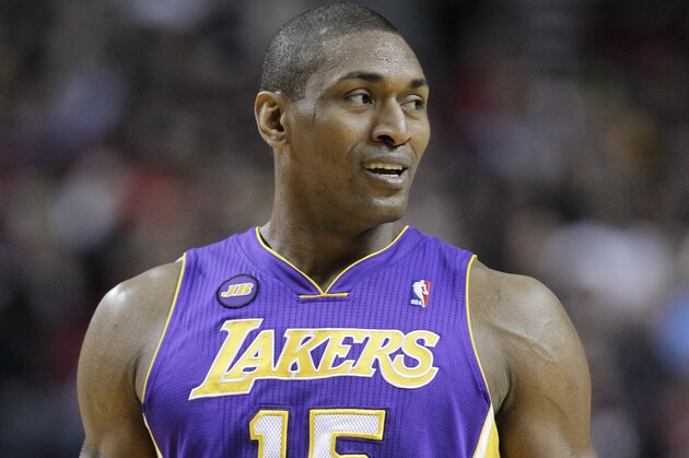 Los Angeles Lakers Metta World Peace is shown during an NBA basketball game against the Portland Trail Blazers in Portland, Ore., Wednesday, April 10, 2013.(AP Photo/Don Ryan)