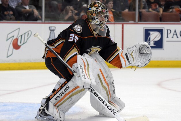 Apr 3, 2015; Anaheim, CA, USA; Anaheim Ducks goalie John Gibson against the Colorado Avalanche at Honda Center. The Avalanche defeated the Ducks 4-2.  Mandatory Credit: Kirby Lee-USA TODAY Sports