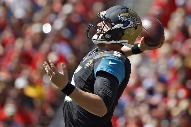 Jacksonville Jaguars quarterback Blake Bortles (5) throws a pass against the Tampa Bay Buccaneers during the first quarter of an NFL football game Sunday, Oct. 11, 2015, in Tampa, Fla. (AP Photo/Brian Blanco)
