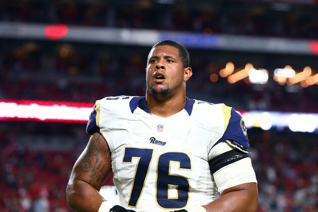 Nov 9, 2014; Glendale, AZ, USA; St. Louis Rams guard Rodger Saffold (76) against the Arizona Cardinals at University of Phoenix Stadium. The Cardinals defeated the Rams 31-14. Mandatory Credit: Mark J. Rebilas-USA TODAY Sports
