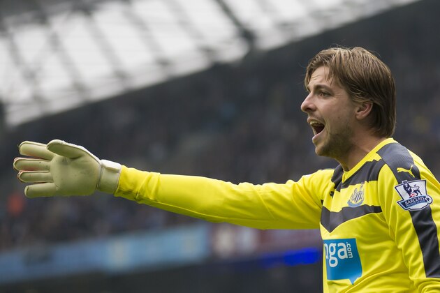 Newcastle's goalkeeper Tim Krul gestures during the English Premier League soccer match between Manchester City and Newcastle at the Etihad Stadium, Manchester, England, Saturday Oct. 3, 2015. (AP Photo/Jon Super)