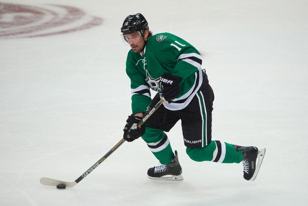 Oct 8, 2015; Dallas, TX, USA; Dallas Stars left wing Patrick Sharp (10) skates with the puck against the Pittsburgh Penguins during the first period at American Airlines Center. Mandatory Credit: Jerome Miron-USA TODAY Sports