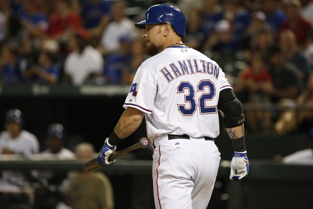 Texas Rangers left fielder Josh Hamilton walks away after striking out during a game against the Tampa Bay Rays Saturday, Aug. 15, 2015, in Arlington, Texas. The Rangers defeated the Rays 12-4. (AP Photo/Ron Jenkins)