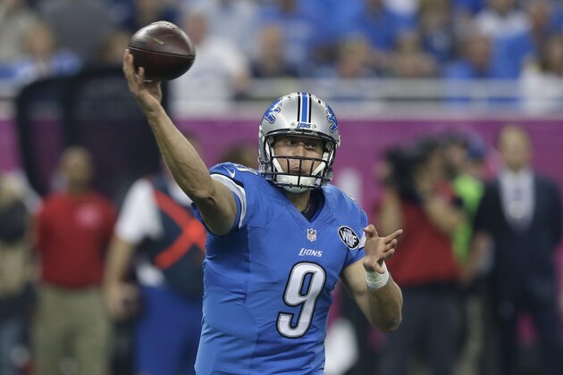 Detroit Lions quarterback Matthew Stafford (9) throws during the first half of an NFL football game against the Arizona Cardinals, Sunday, Oct. 11, 2015, in Detroit. (AP Photo/Carlos Osorio)