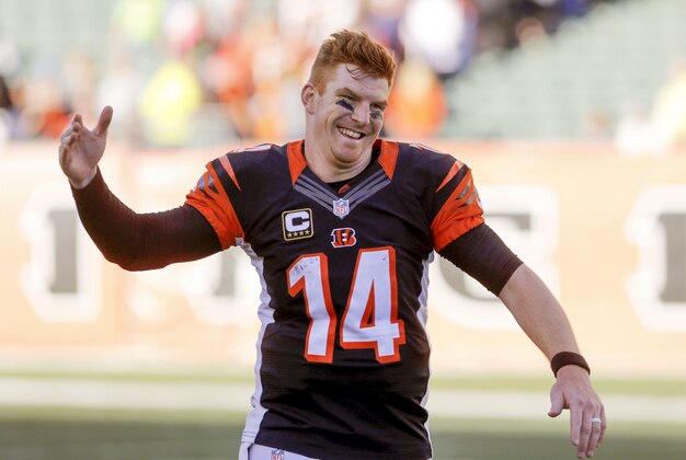 Oct 11, 2015; Cincinnati, OH, USA; Cincinnati Bengals quarterback Andy Dalton (14) celebrates after his team defeated the Seattle Seahawks at Paul Brown Stadium. Cincinnati defeated Seattle 27-24. Mandatory Credit: Mark Zerof-USA TODAY Sports