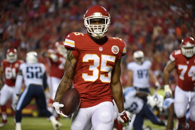 Kansas City Chiefs running back Charcandrick West (35) celebrates after scoring a two point conversion during the first half of a preseason NFL football game against the Tennessee Titans at Arrowhead Stadium in Kansas City, Mo., Friday, Aug. 28, 2015. (AP Photo/Ed Zurga)