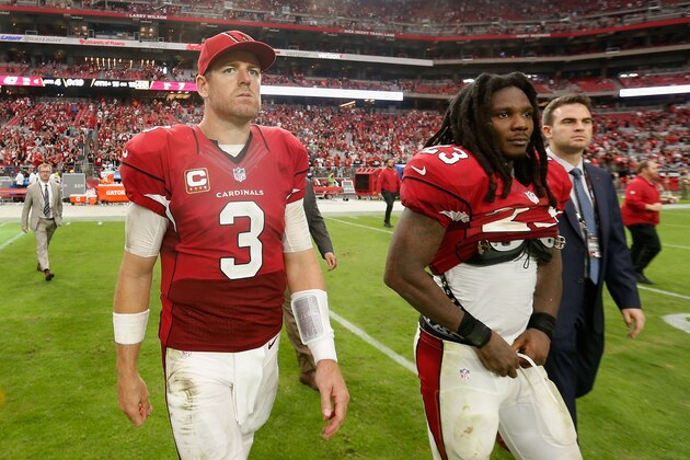 GLENDALE, AZ - SEPTEMBER 27:  Quarterback Carson Palmer #3 and running back Chris Johnson #23 of the Arizona Cardinals walk onto the field following the NFL game against the San Francisco 49ers at the University of Phoenix Stadium on September 27, 2015 in Glendale, Arizona. The Carindals defeated the 49ers 47-7.  (Photo by Christian Petersen/Getty Images)