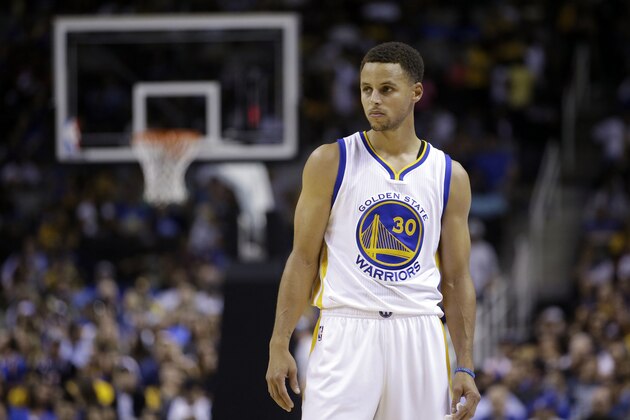 Golden State Warriors' Stephen Curry during  a preseason NBA basketball game against the Toronto Raptors Monday, Oct. 5, 2015, in San Jose, Calif.  (AP Photo/Marcio Jose Sanchez)