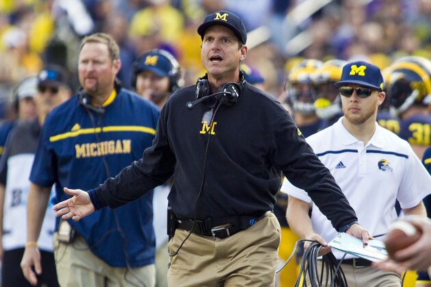 Michigan head coach Jim Harbaugh reacts on the sideline in the second quarter of an NCAA college football game against Northwestern in Ann Arbor, Mich., Saturday, Oct. 10, 2015. (AP Photo/Tony Ding)