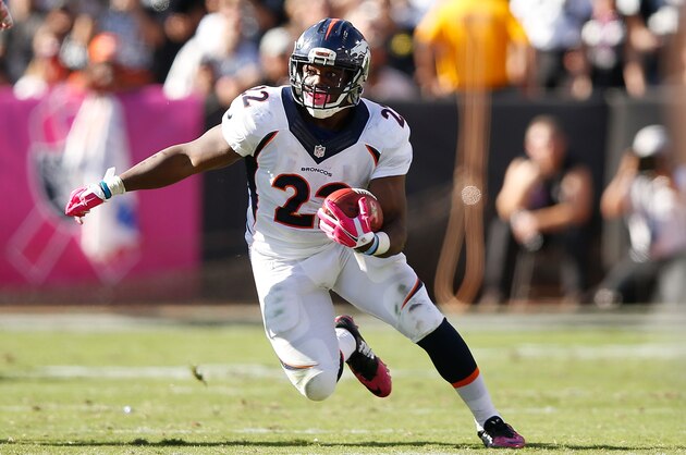 OAKLAND, CA - OCTOBER 11:  C.J. Anderson #22 of the Denver Broncos carries downfield in the fourth quarter against the Oakland Raiders at O.co Coliseum on October 11, 2015 in Oakland, California.  (Photo by Ezra Shaw/Getty Images)