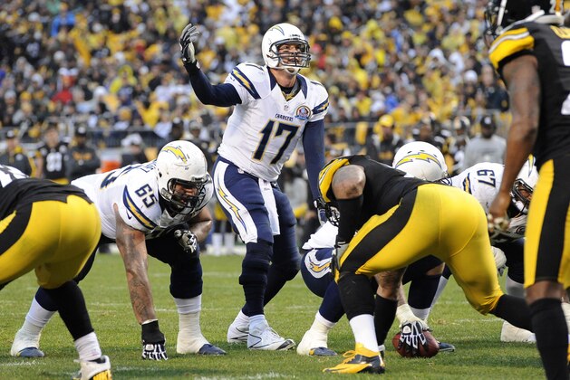 San Diego Chargers quarterback Philip Rivers (17) signals while behind center in the third quarter of an NFL football game against the Pittsburgh Steelers on Sunday, Dec. 9, 2012, in Pittsburgh. (AP Photo/Don Wright)
