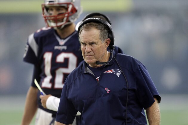 New England Patriots head coach Bill Belichick watches from the sidelines during the second half of an NFL football game against the Dallas Cowboys, Sunday, Oct. 11, 2015, in Arlington, Texas. (AP Photo/Tim Sharp)