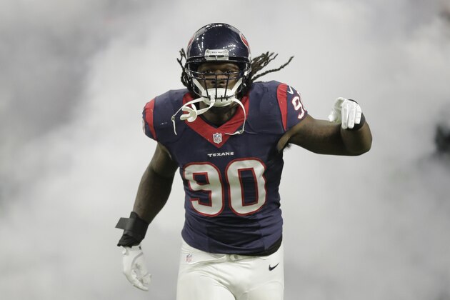 Houston Texans outside linebacker Jadeveon Clowney (90) is introduced before an NFL football game Thursday, Oct. 8, 2015, in Houston. (AP Photo/Patric Schneider)