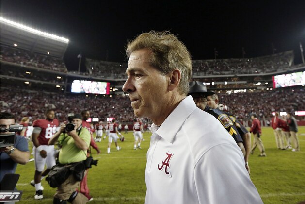 Alabama head coach Nick Saban heads off the field after the second half of an NCAA college football game against Arkansas, Saturday, Oct. 10, 2015, in Tuscaloosa, Ala. Alabama won 27-14. (AP Photo/Brynn Anderson)
