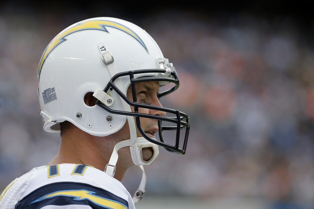 SAN DIEGO, CA - OCTOBER 04:  Quarterback Philip Rivers #17 of the San Diego Chargers looks on against the Cleveland Browns at Qualcomm Stadium on October 4, 2015 in San Diego, California.  (Photo by Jeff Gross/Getty Images)