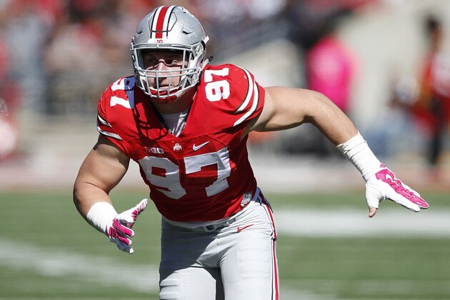 COLUMBUS, OH - OCTOBER 10: Joey Bosa #97 of the Ohio State Buckeyes in action against the Maryland Terrapins during a game at Ohio Stadium on October 10, 2015 in Columbus, Ohio. The Buckeyes defeated the Terrapins 49-28. (Photo by Joe Robbins/Getty Images)