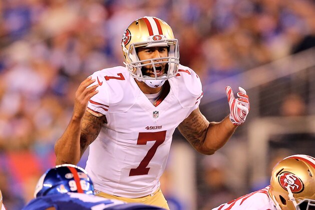 EAST RUTHERFORD, NJ - OCTOBER 11:  Colin Kaepernick #7 of the San Francisco 49ers calls out the play in the fourth quarter against the New York Giants at MetLife Stadium on October 11, 2015 in East Rutherford, New Jersey.The New York Giants defeated the San Francisco 49ers 30-27.  (Photo by Elsa/Getty Images)