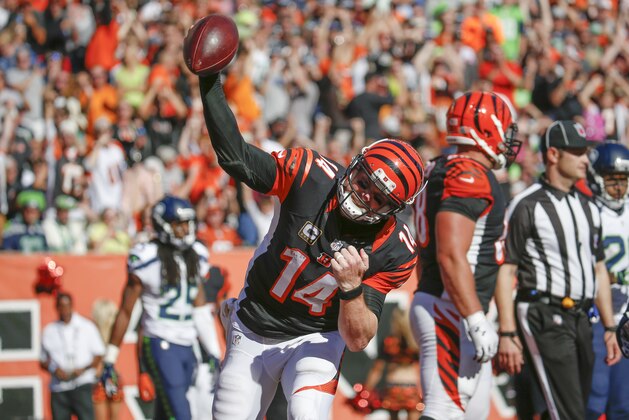 Cincinnati Bengals quarterback Andy Dalton (14) celebrates after scoring a touchdown in the second half of an NFL football game against the Seattle Seahawks, Sunday, Oct. 11, 2015, in Cincinnati. (AP Photo/Frank Victores)