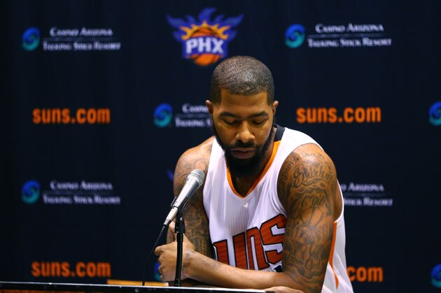 Sep 28, 2015; Phoenix, AZ, USA; Phoenix Suns forward Markieff Morris reacts as he speaks to the media during media day at Talking Stick Resort Arena. Mandatory Credit: Mark J. Rebilas-USA TODAY Sports