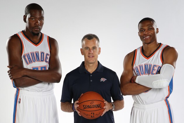 EDMOND, OK - SEPTEMBER 28:  Kevin Durant #35, head coach Billy Donovan and Russell Westbrook #0 of the Oklahoma City Thunder pose for a portrait during 2015 NBA Media Day on September 28, 2015 at the Thunder Events Center in Edmond, Oklahoma. NOTE TO USER: User expressly acknowledges and agrees that, by downloading and or using this Photograph, user is consenting to the terms and conditions of the Getty Images License Agreement. Mandatory Copyright Notice: Copyright 2015 NBAE (Photo by Layne Murdoch/NBAE via Getty Images)